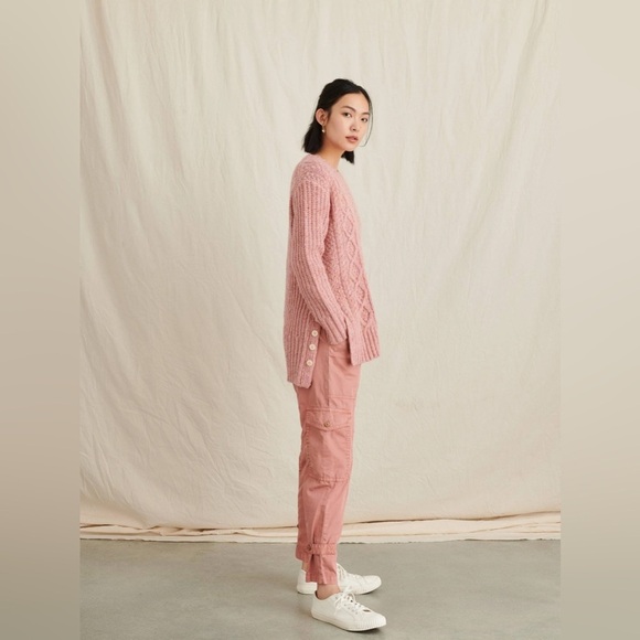 Alex Mill Button Side Aran Cable Knit Merino Wool Sweater in Dried Rose - Picture 5 of 14